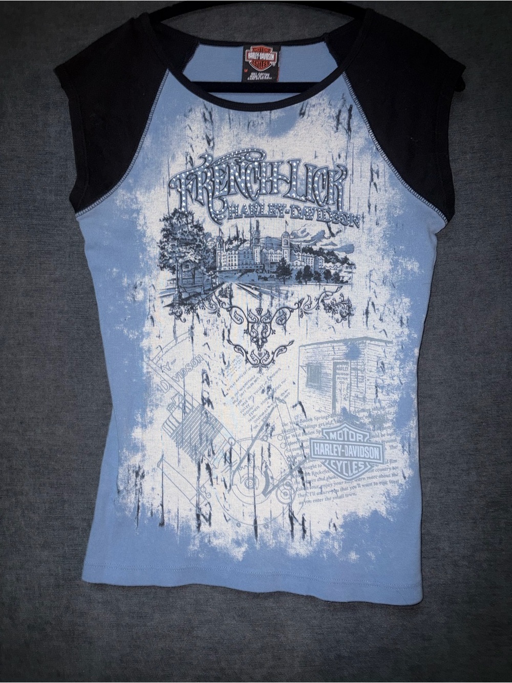 Harley-Davidson Light Blue Top with Black Raglan Cap Sleeves